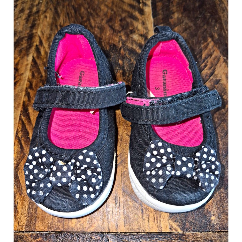 Garanimals Girls Black Canvas Mary Jane Flats Polka Dot Bow Hook & Loop Sz 3